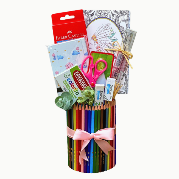 A gift of School supplies arranged together in a vase