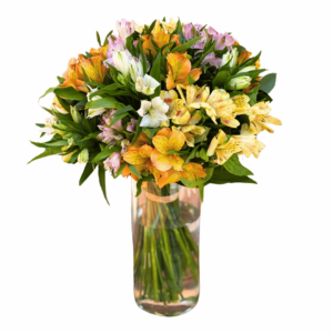 A mix of 20 colorful Alstroemeria flowers in a glass vase with greeenery.