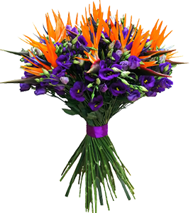 A flower bouquet of purple flowers with bird of paradise