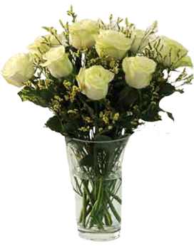 A flower vase of white roses