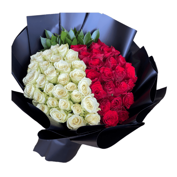 A bouquet of red and white roses