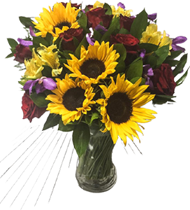 A flower vase with red and yellow flowers (roses, orchids and sunflowers)