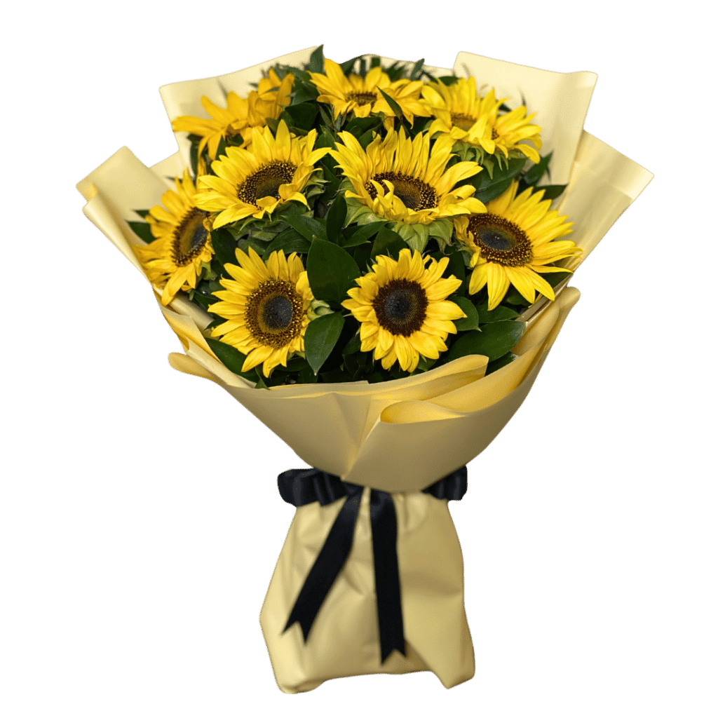 A bouquet of 10 Sunflowers with greenery