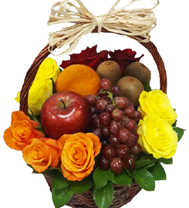 A gift basket of yellow, orange and red roses with fruits