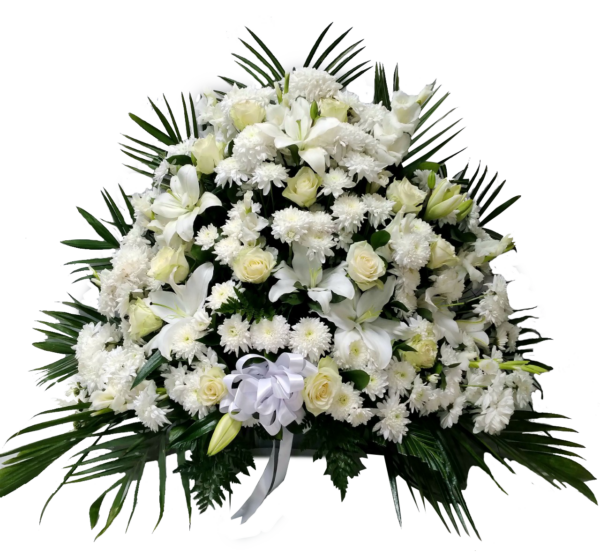 A flower vase with white roses and ruscus greenery and white lily and white chrysanthemum with a big ribbon