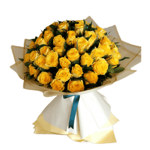 A flower arrangement of 50 yellow roses arranged in a hand bouquet.